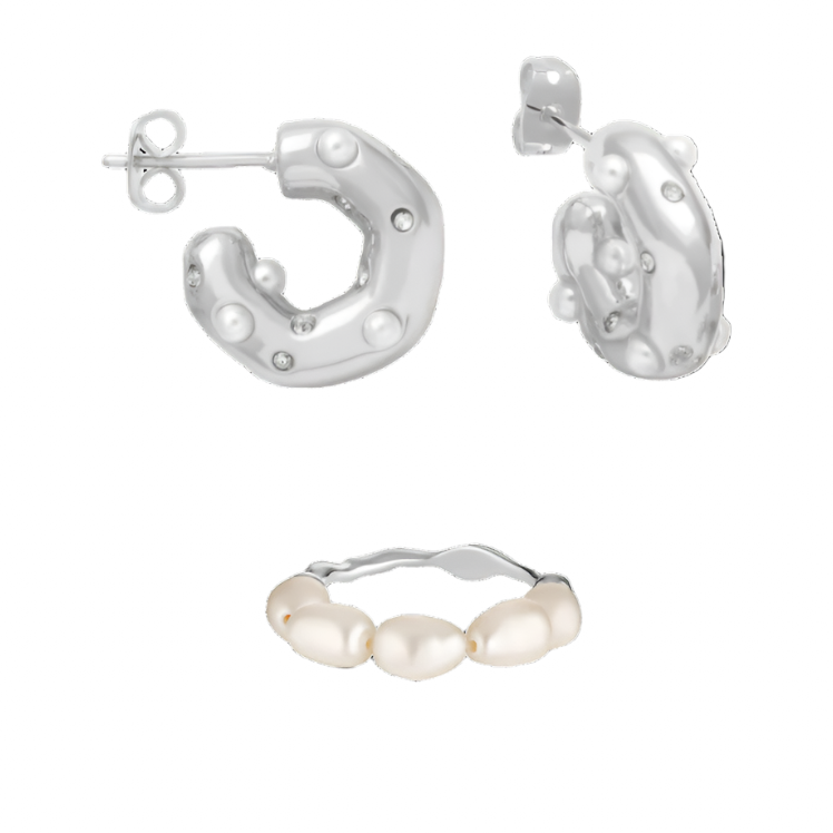 Akoya set of ring and earrings in pearl and silver 