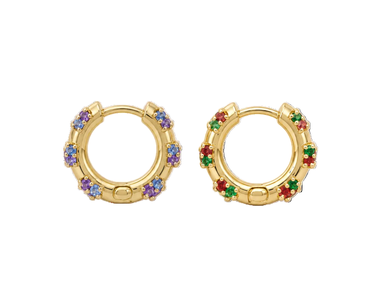 A pair of gold huggie hoop earrings decorated with small colorful gemstones, including purple, blue, green, and red, set against a plain white background.