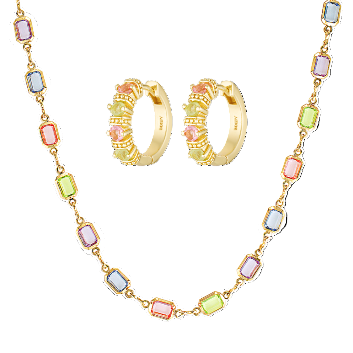 Jewelry set with gold hoop earrings and necklace featuring multicolored gemstones on a white background
