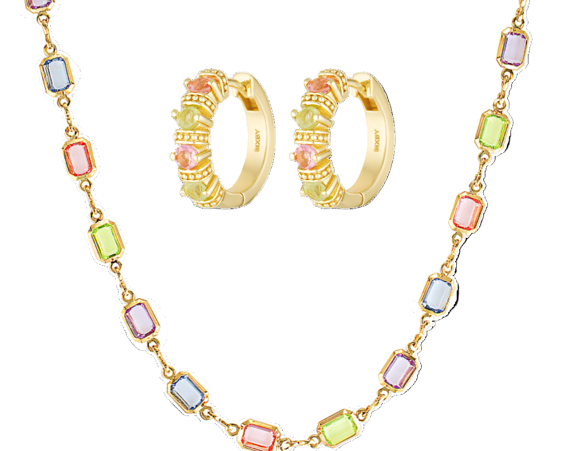 Jewelry set with gold hoop earrings and necklace featuring multicolored gemstones on a white background