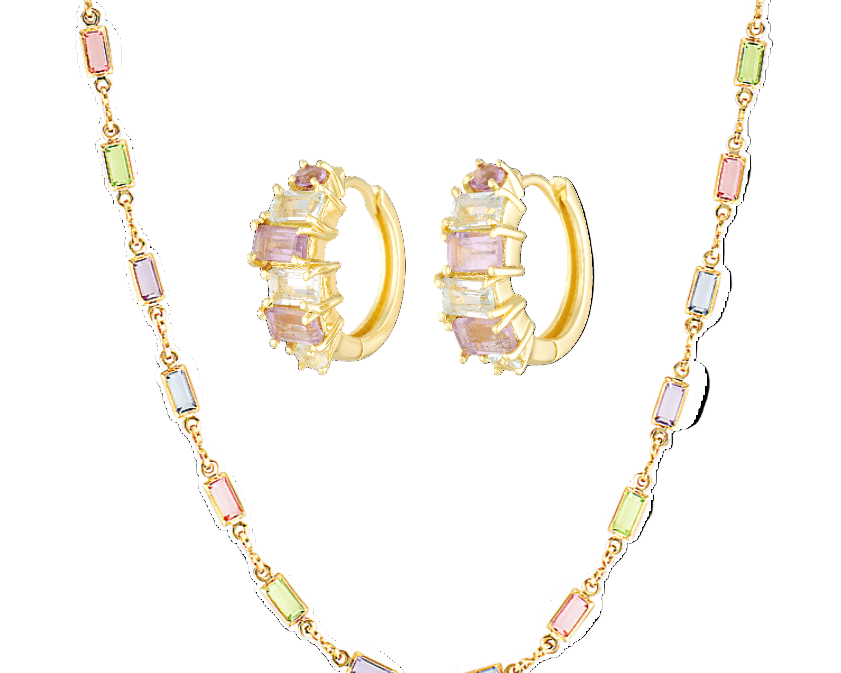 Jewelry set with hoop earrings and a chain necklace featuring multicolored gemstones on a white background.