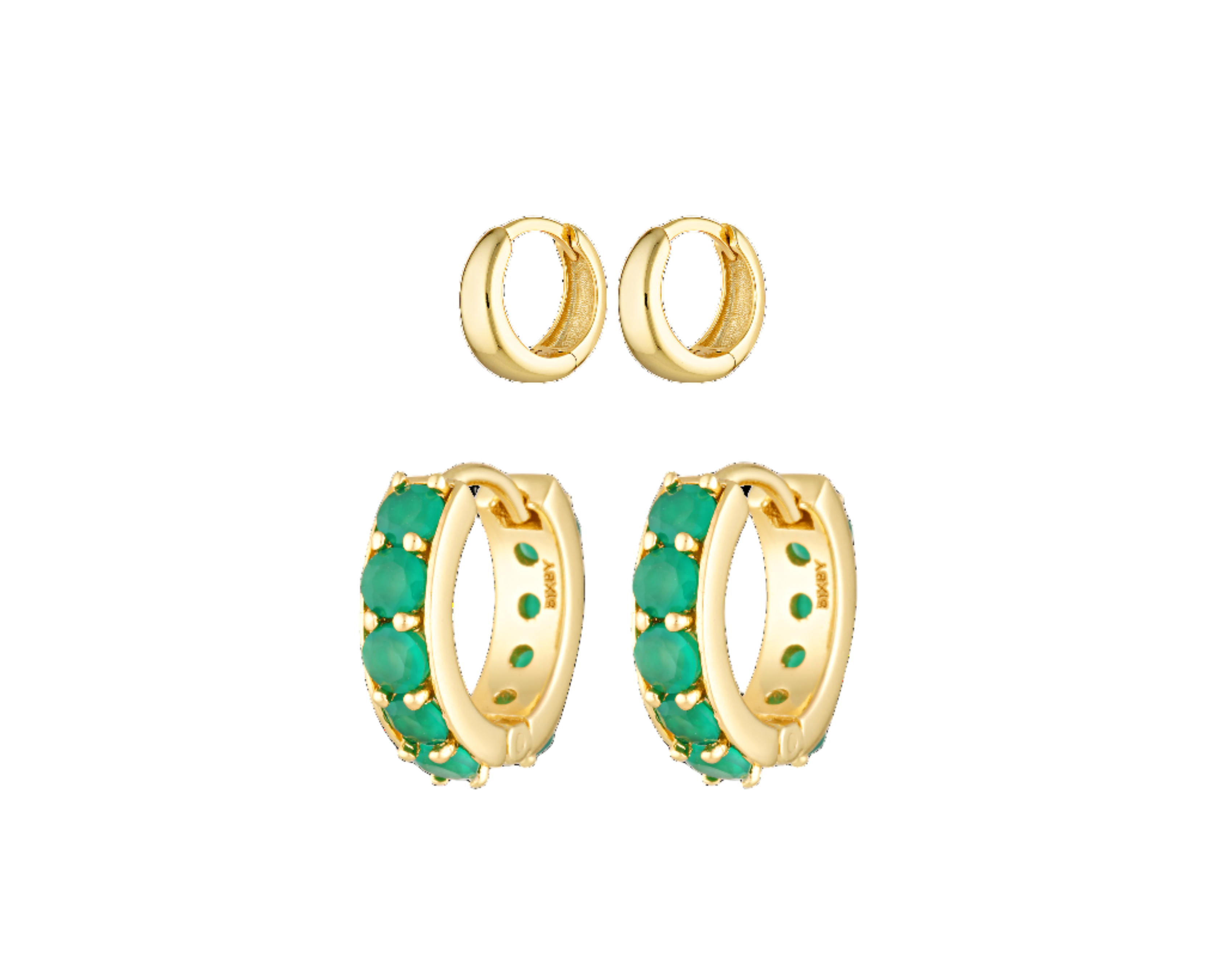 Gold hoop earrings with green gemstones on a white background