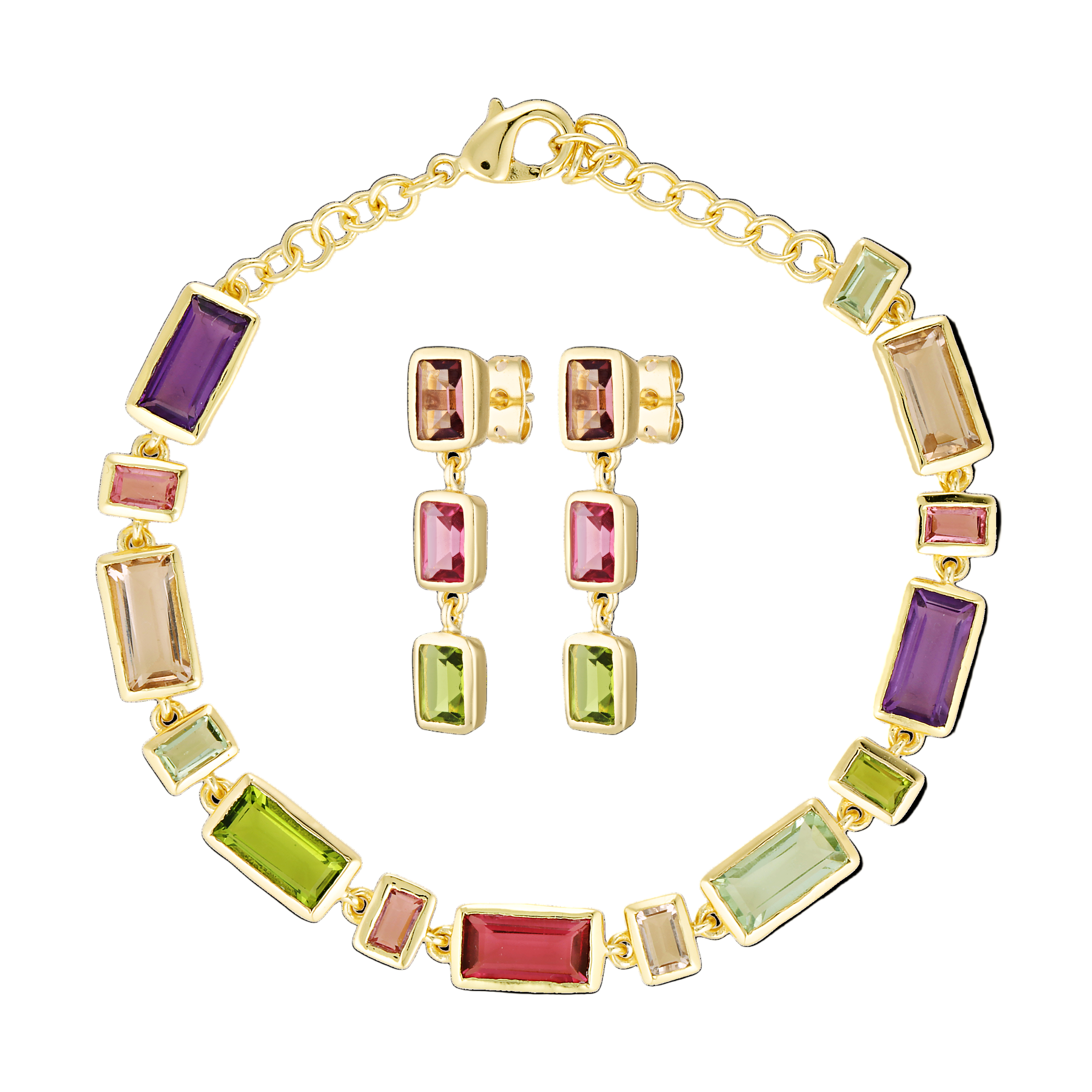 Necklace with multicolored gemstones on a white background
