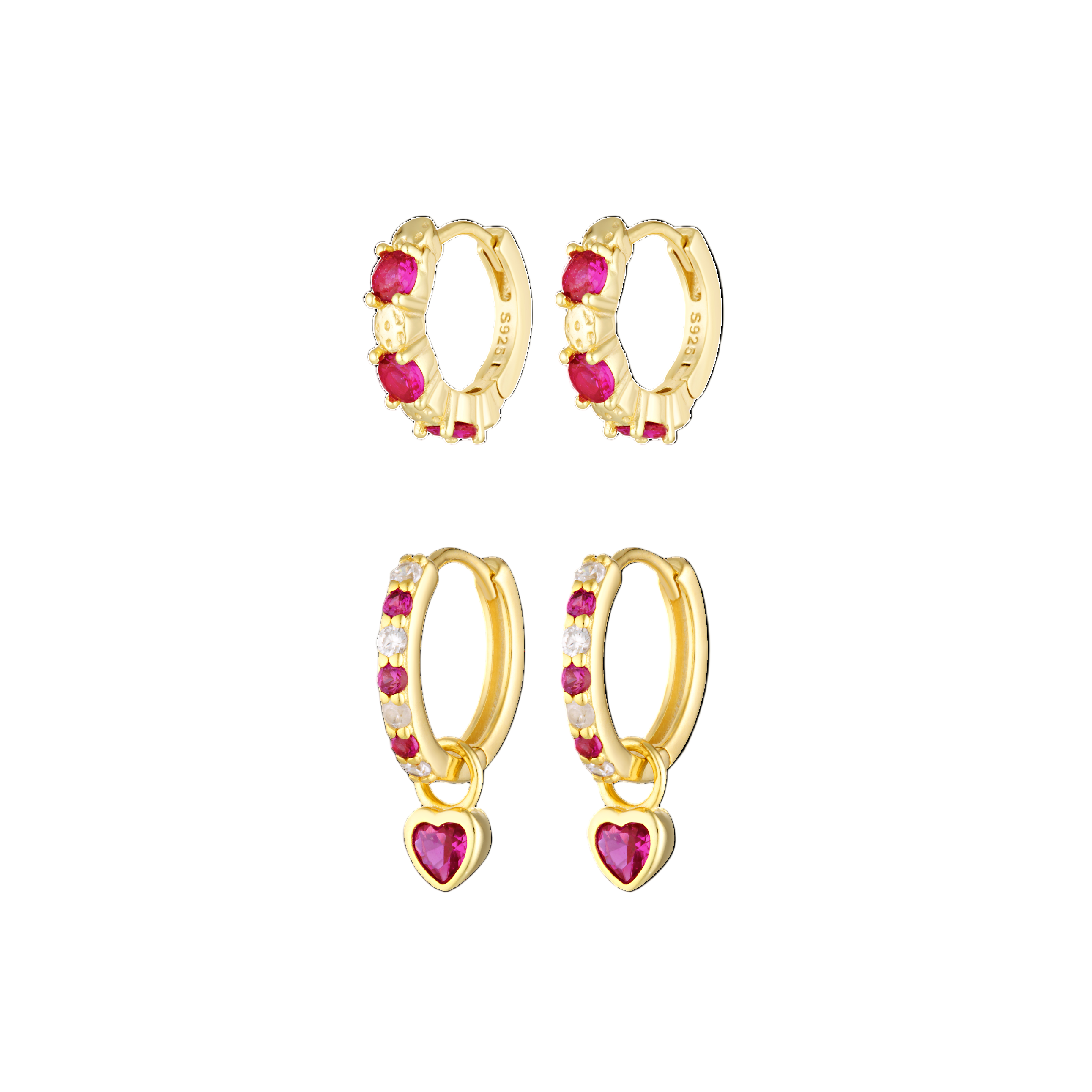 Gold hoop earrings with pink heart-shaped stones on a white background