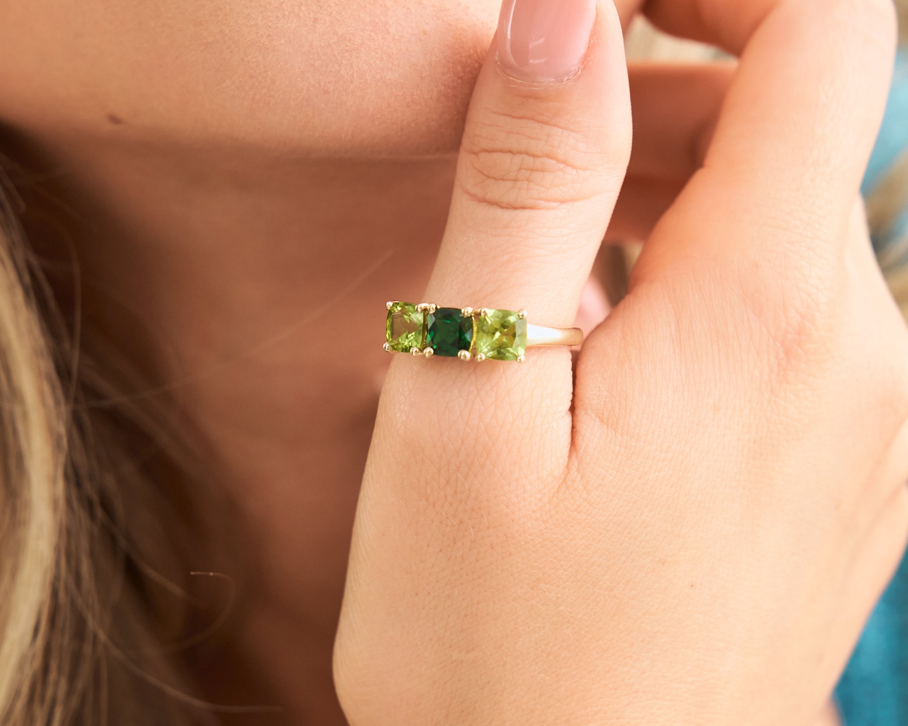 Close up of the Maggie ring in Peridot and Green Tourmaline