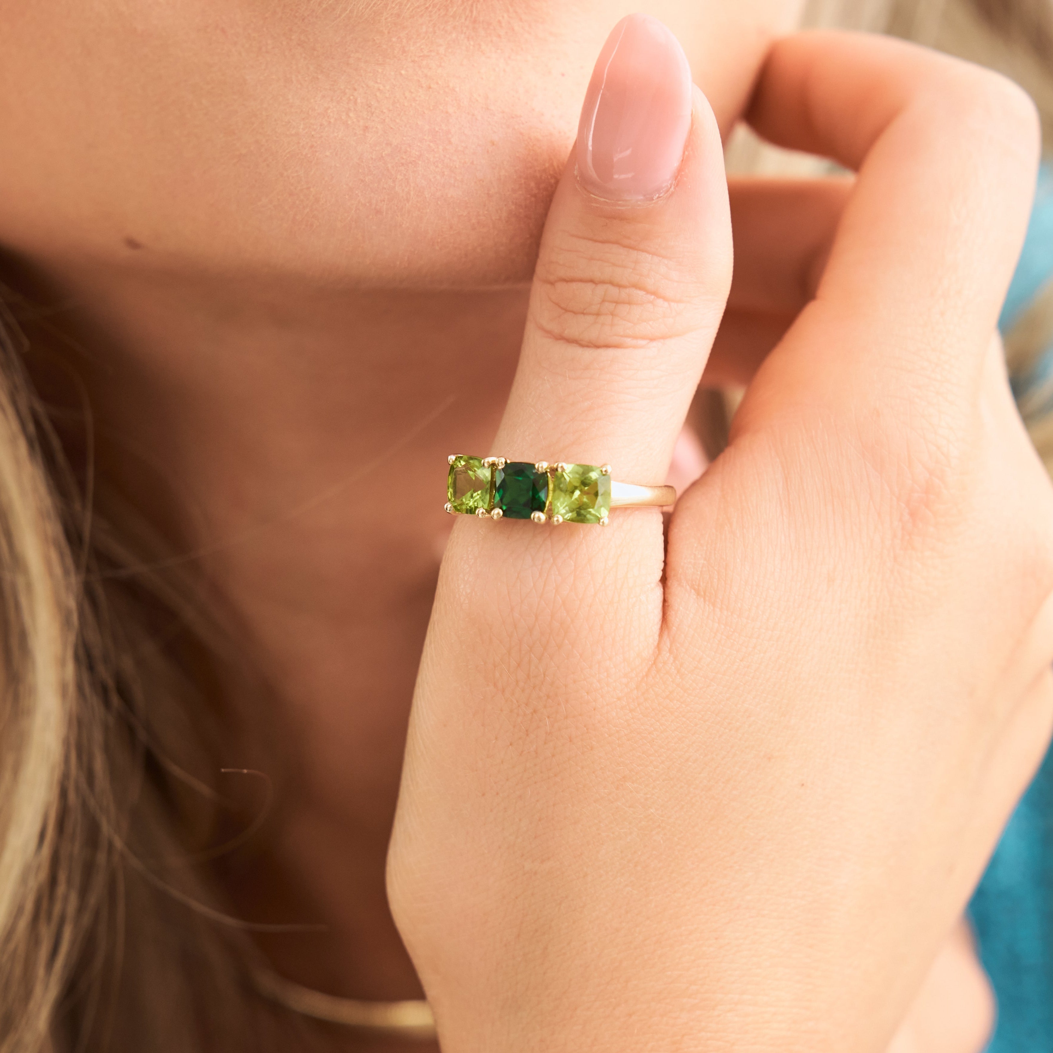 Close up of the Maggie ring in Peridot and Green Tourmaline