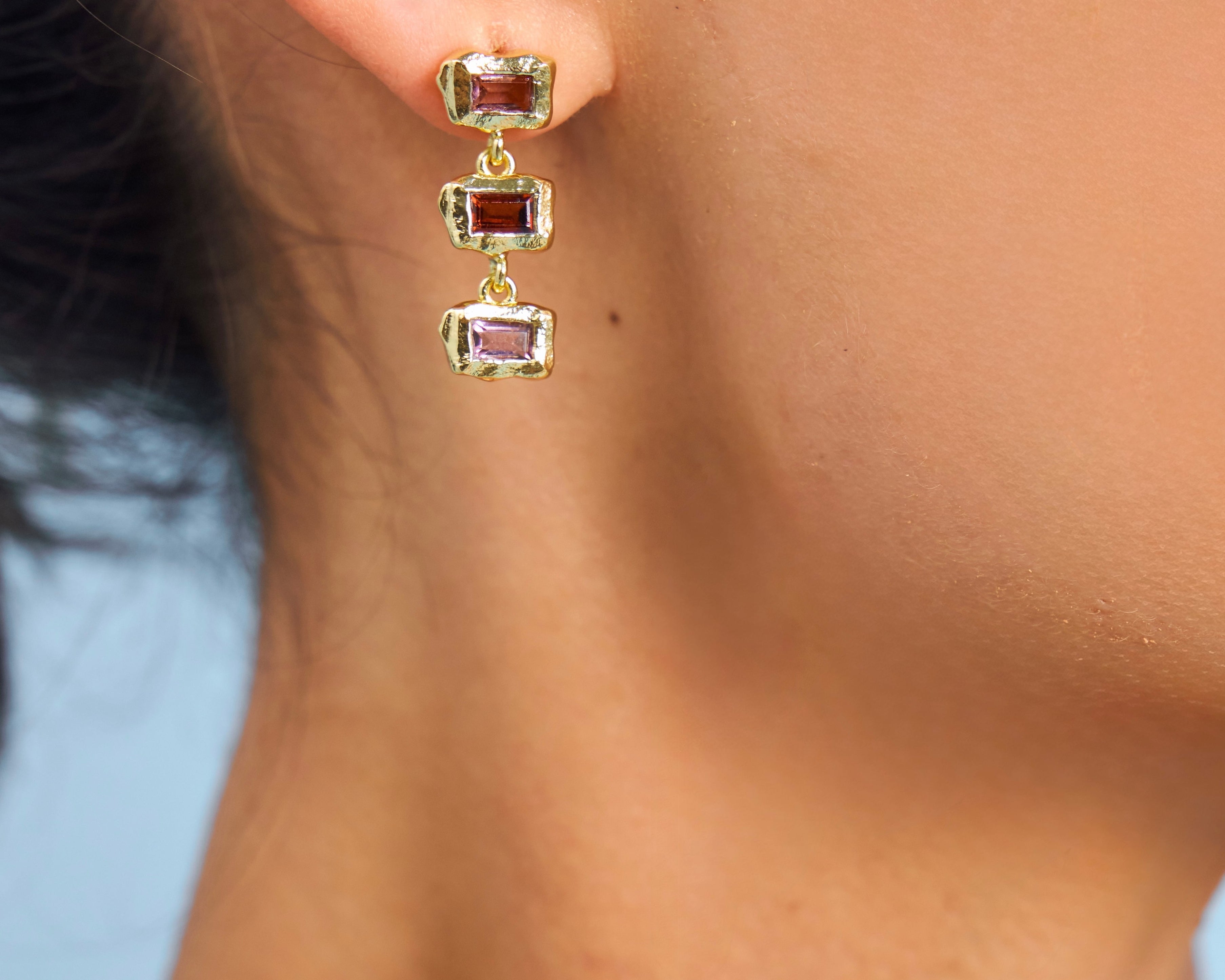 Red and pink organic shaped gemstone drop earrings 