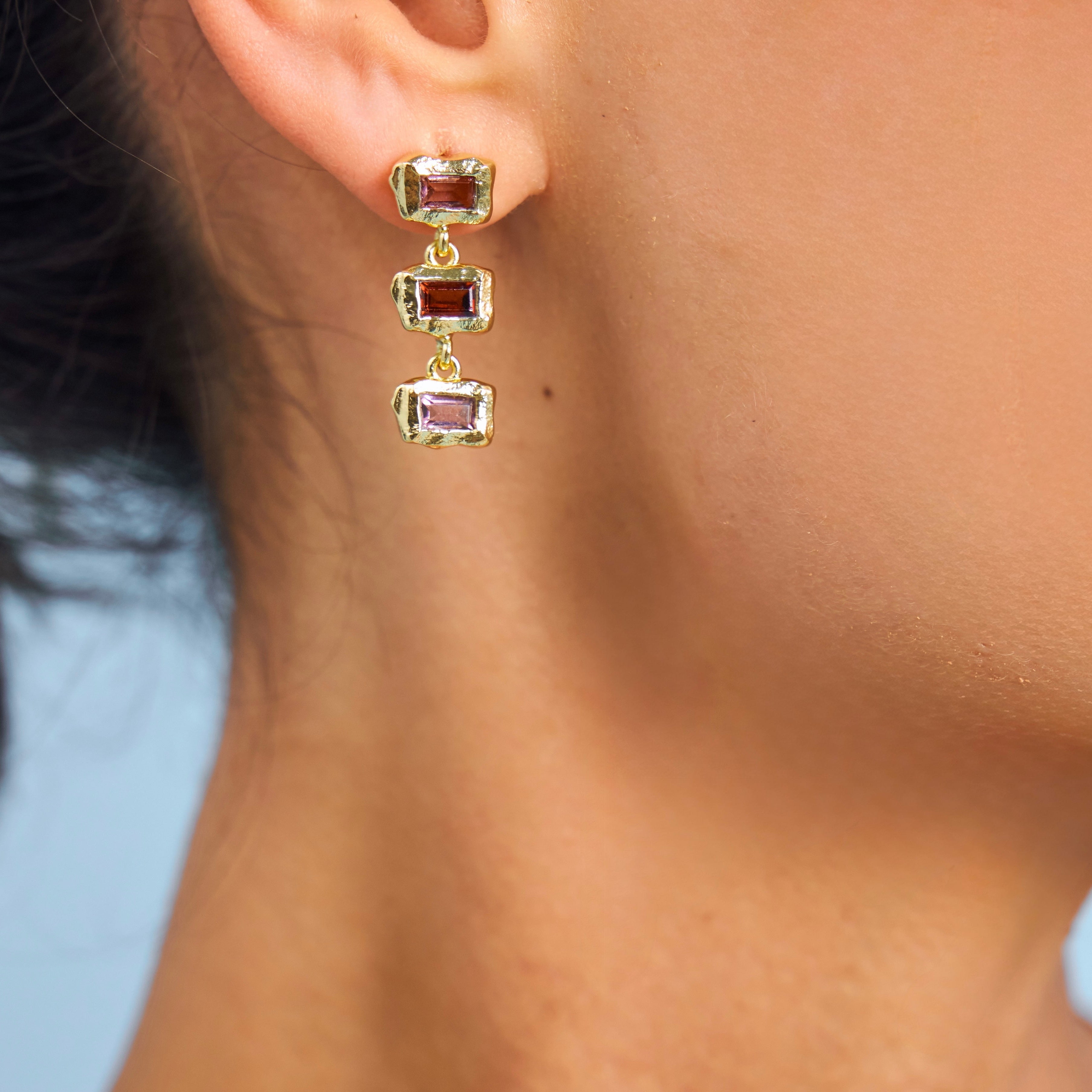 Red and pink organic shaped gemstone drop earrings 