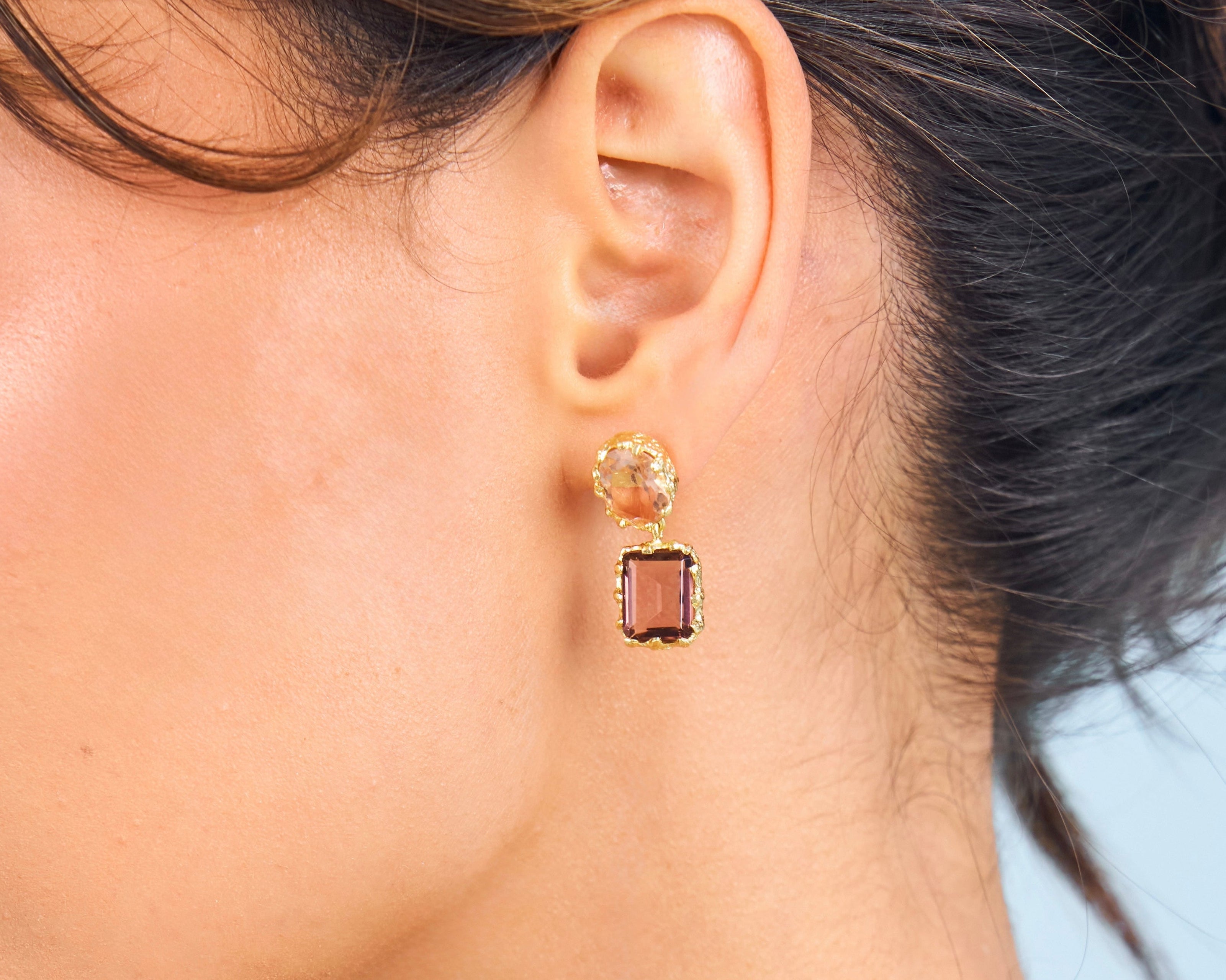 Pink and Smokey quartz vintage inspired gold earrings 