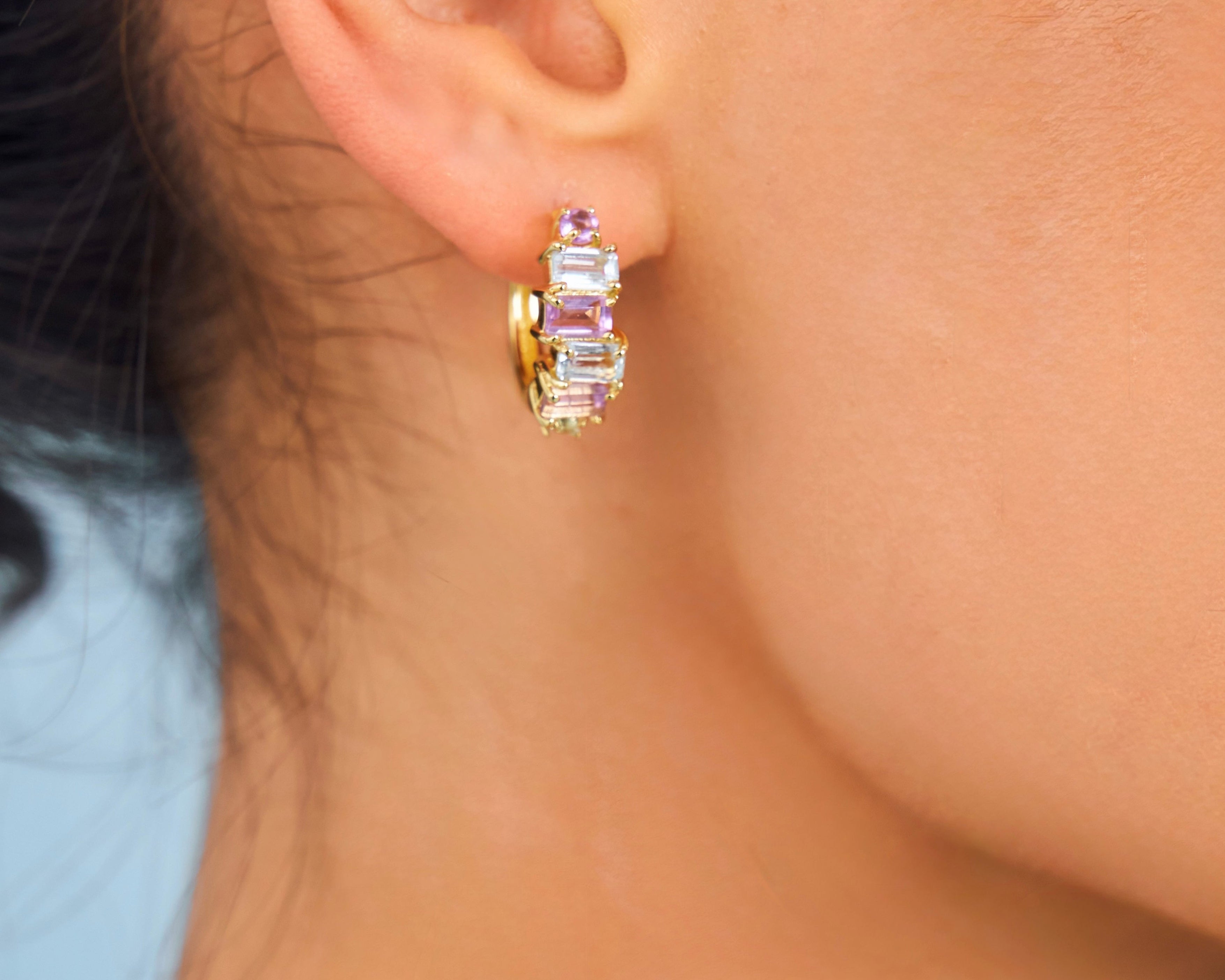 Scandal hoops pale amethyst and aquamarine gemstone hoops