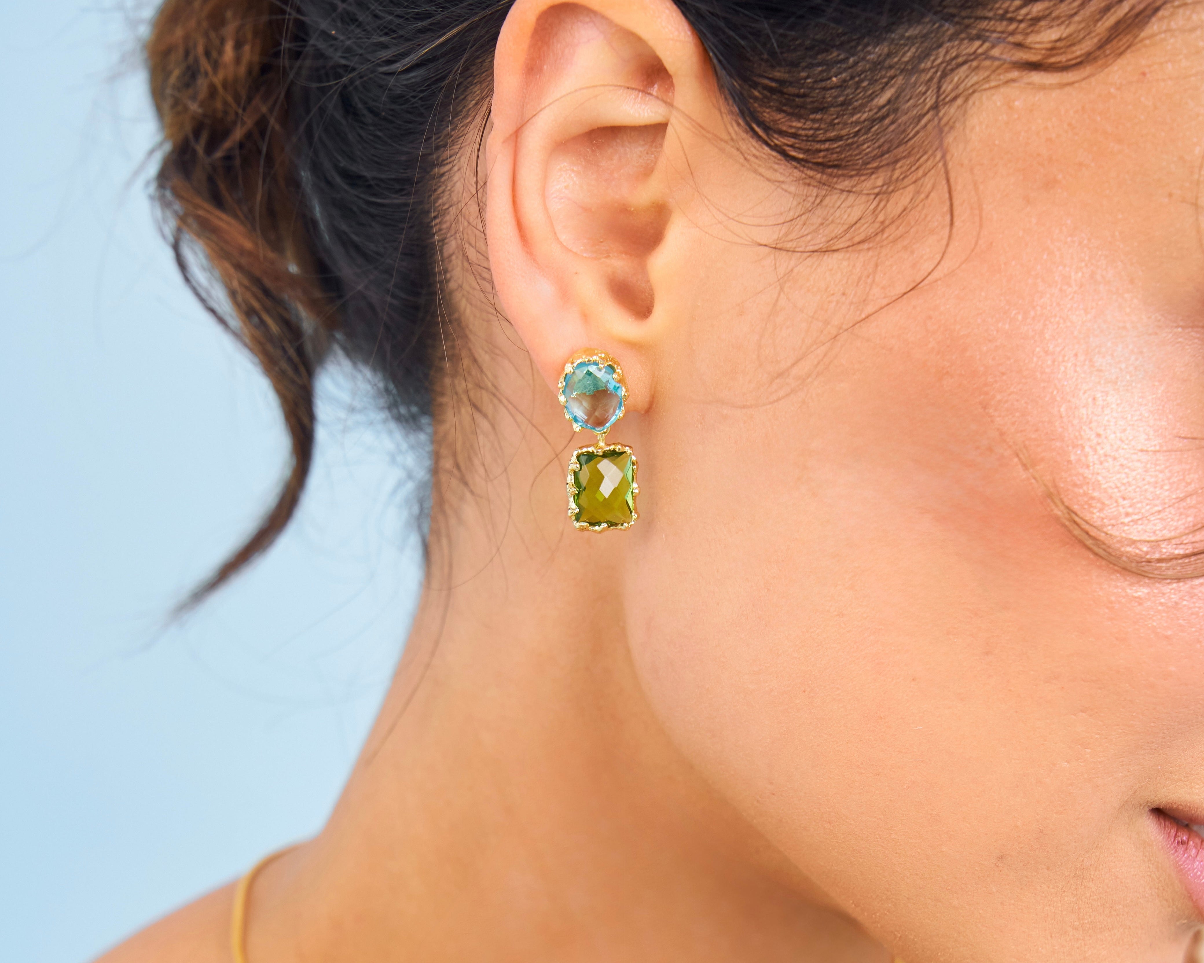 Celeste earrings vintage style textured 18k gold vermeil and blue gemstones