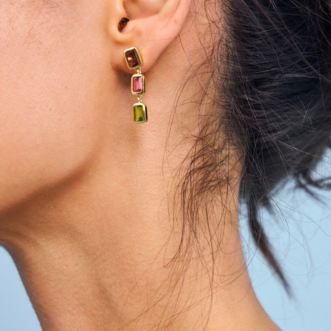Garnet, tourmaline and peridot earrings in 18k gold vermeil