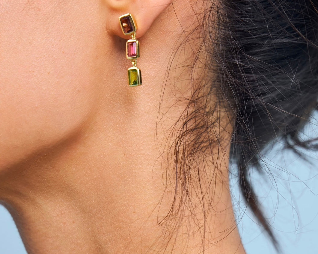 Garnet, tourmaline and peridot earrings in 18k gold vermeil
