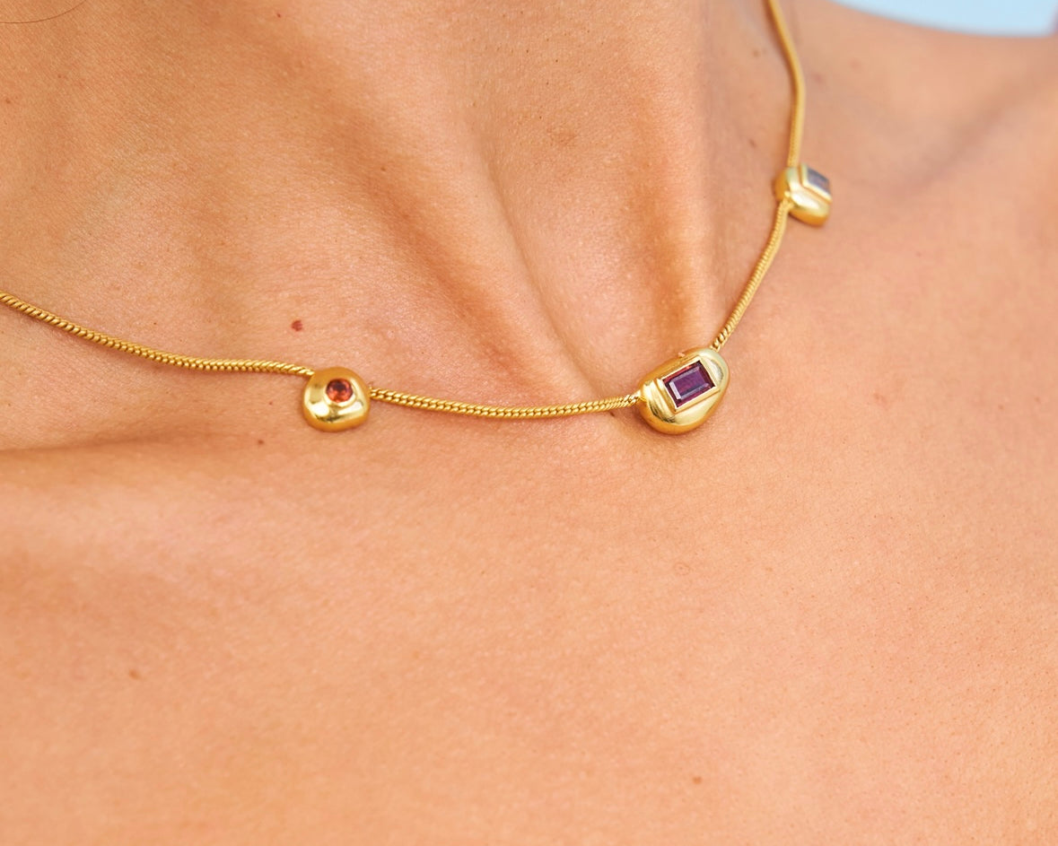 Pink and red garnet and tourmaline necklace on 18k gold vermeil