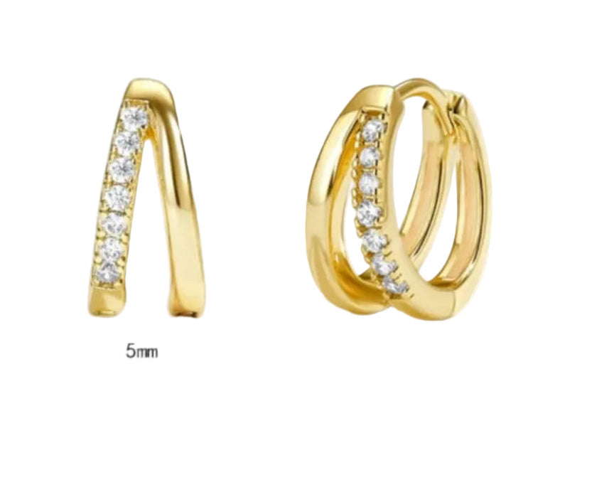 Gold hoop earrings with embedded diamonds and size measurements on a white background