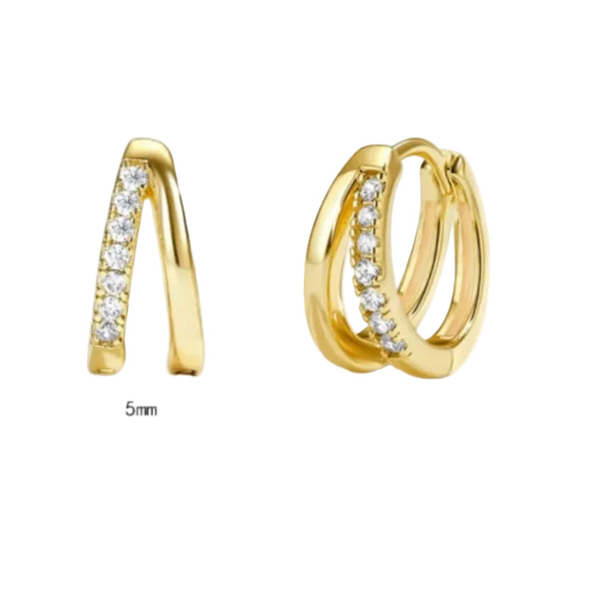 Gold hoop earrings with embedded diamonds and size measurements on a white background