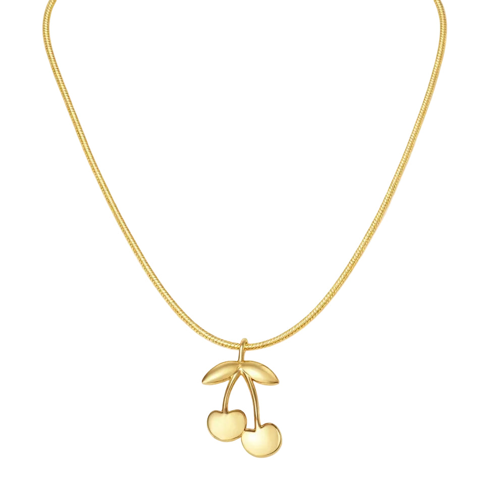 Gold necklace with a cherry pendant on a white background