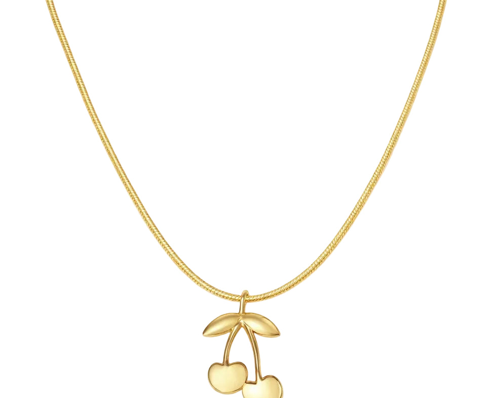 Gold necklace with a cherry pendant on a white background