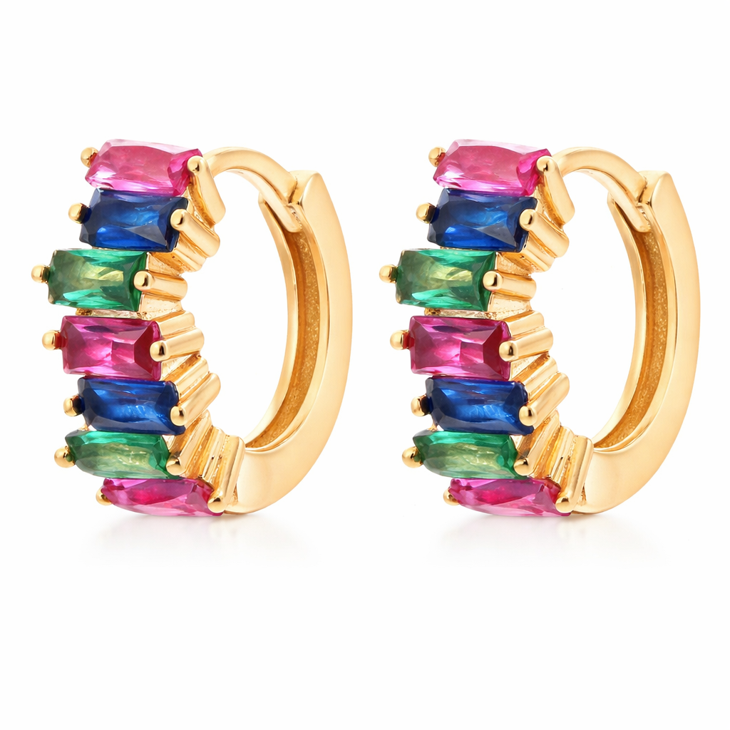 Gold hoop earrings with multicolored gemstones on a white background