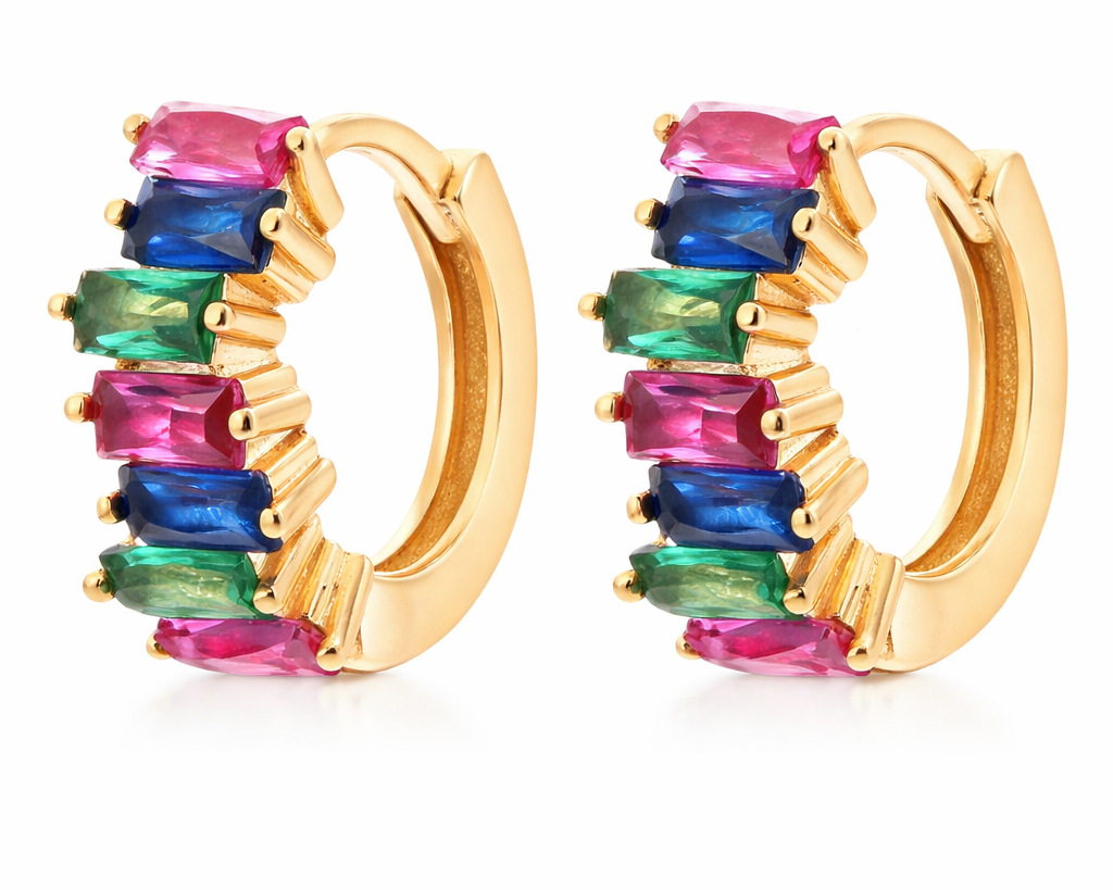 Gold hoop earrings with multicolored gemstones on a white background