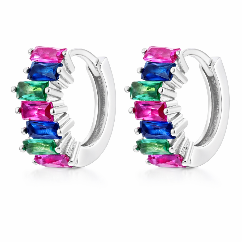 Silver hoop earrings with multicolored gemstones on a white background