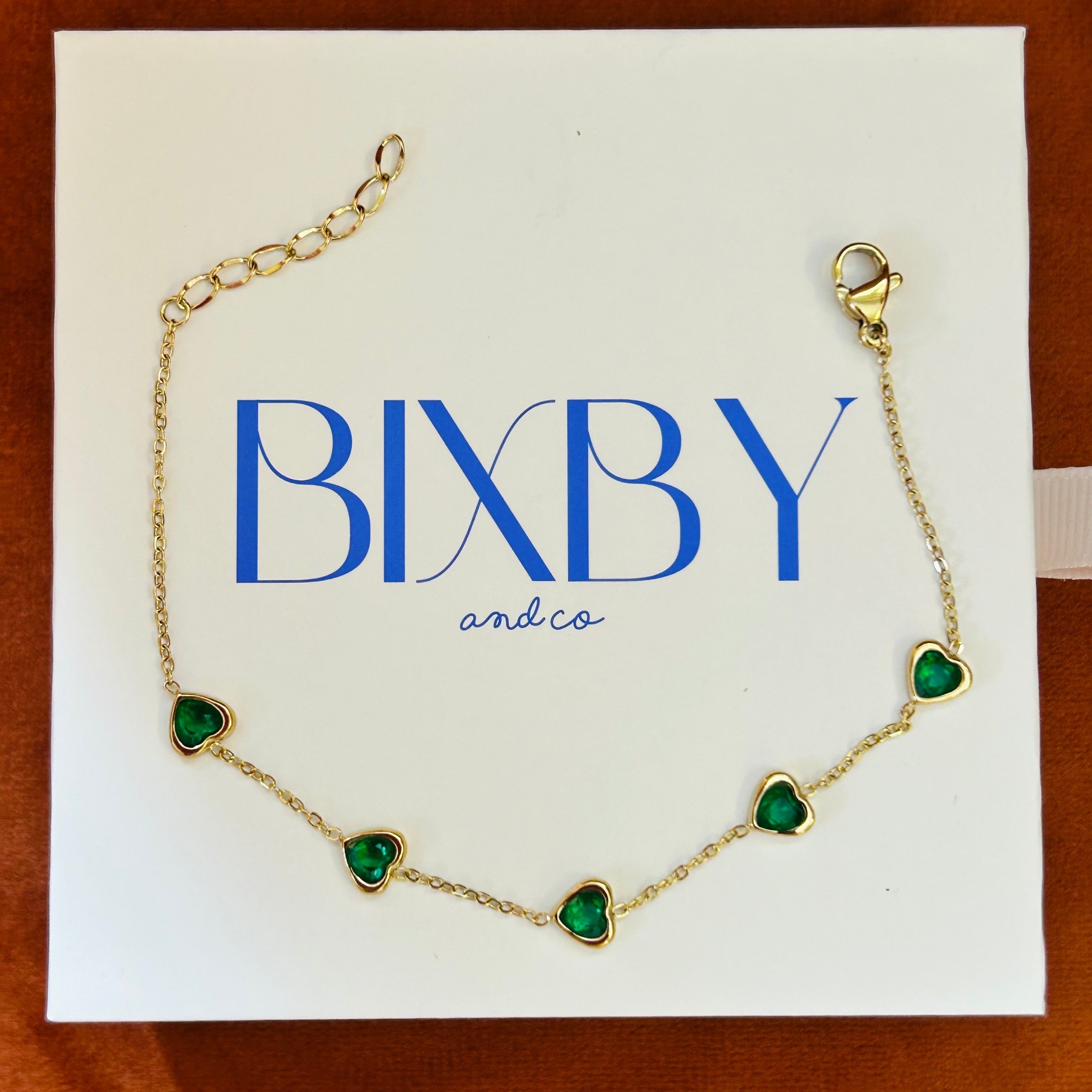 Green gemstone Basik Bracelet on Bixby and Co Packaging 