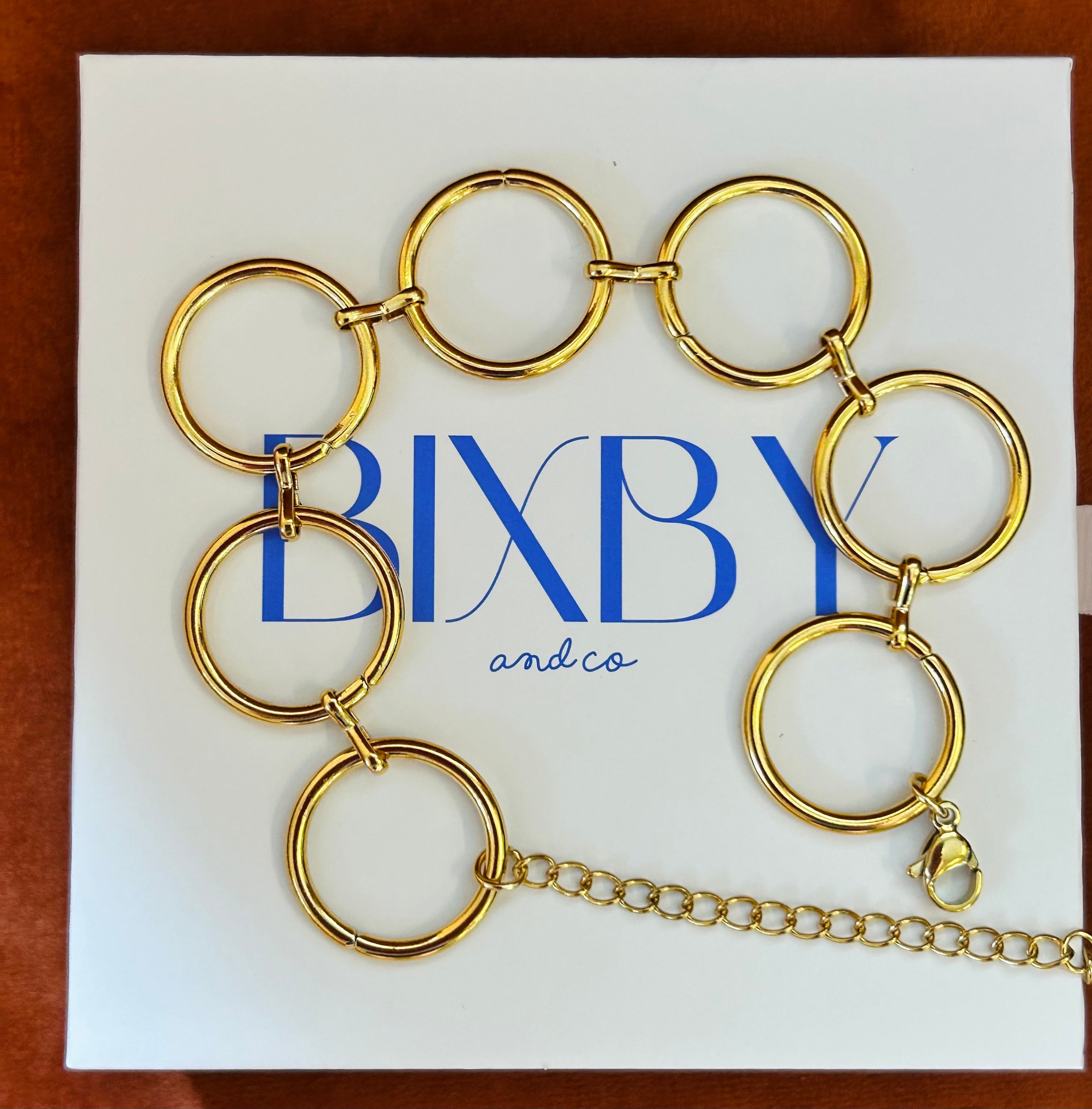 Circle link Bixby Bracelet on Bixby packaging
