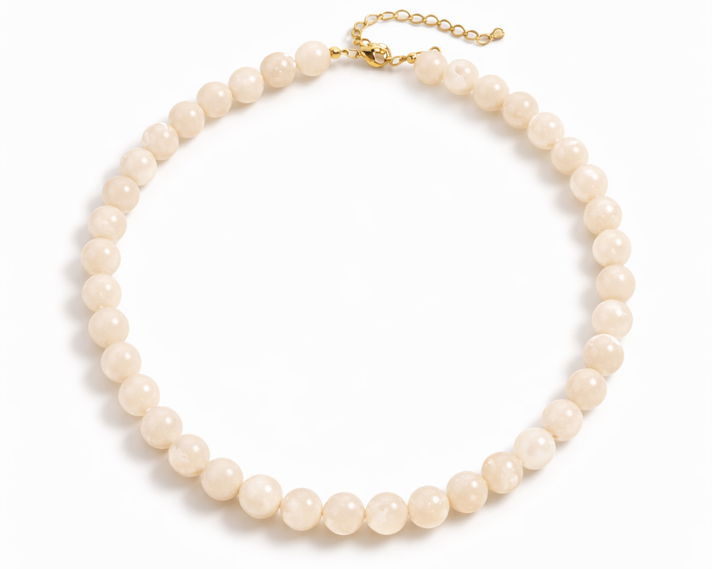 Pearl necklace with gold clasp on a white background
