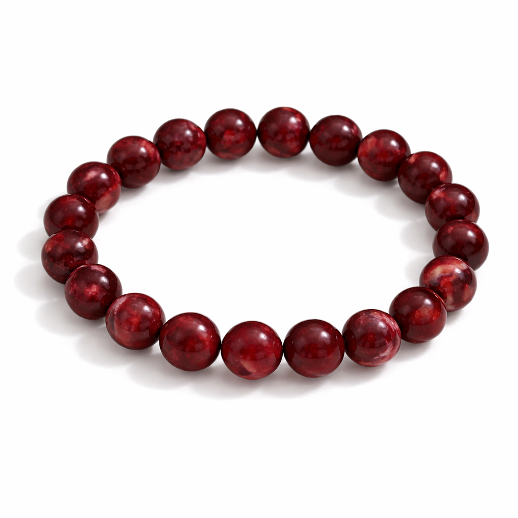 Red beaded bracelet on a white background