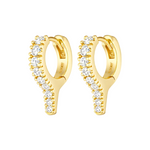 Gold hoop earrings with clear gemstones on a white background