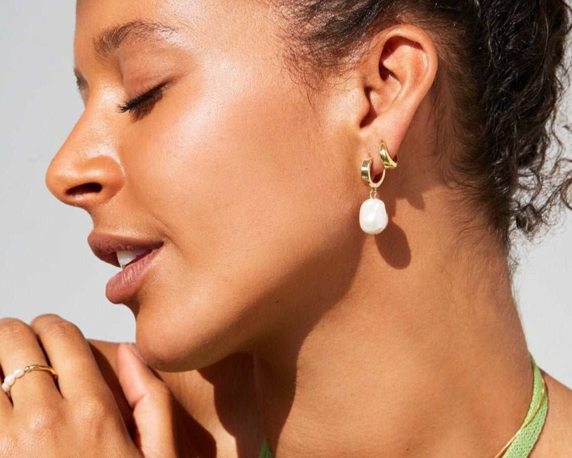 Gold hoops with freshwater Pearl drop