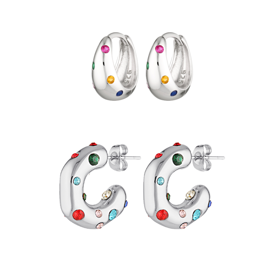 Firework Set - beautiful sterling silver earring stack with small multicoloured glass gems 