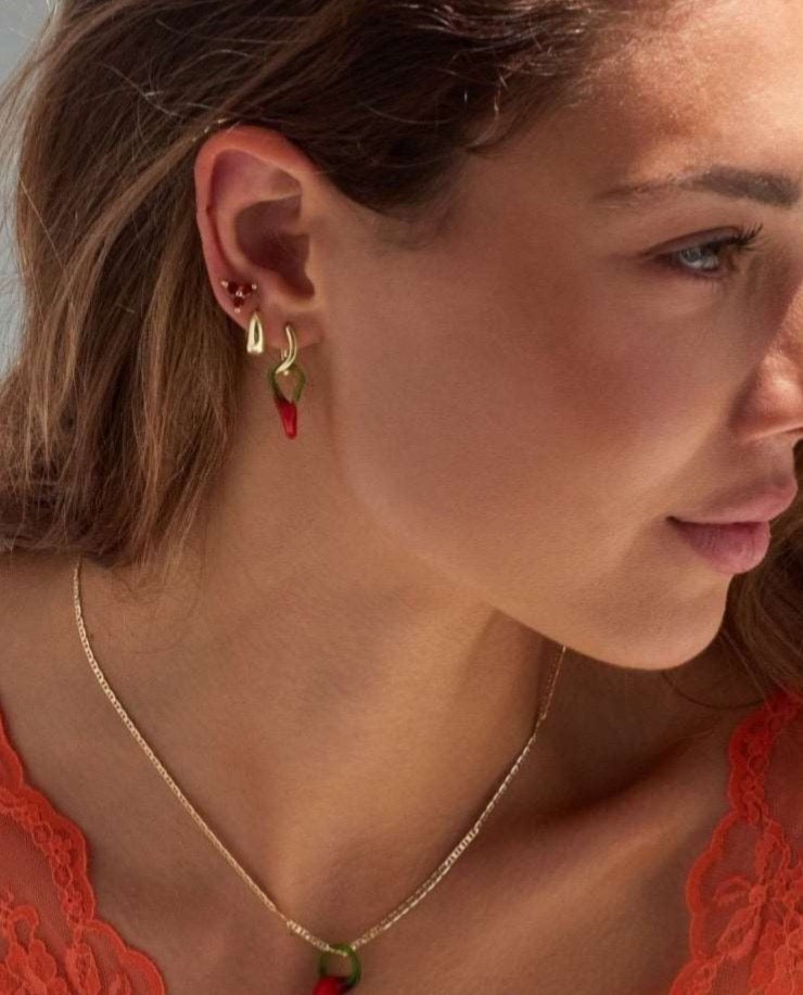 18k Gold fill hoops and red earrings stack 