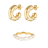 Pearl studded gold hoops and a pearl ring gift set