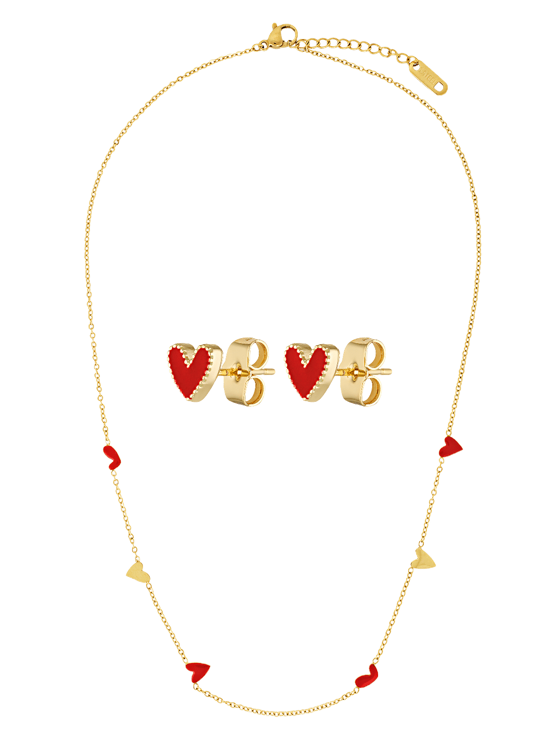 Gold necklace and earrings with red enamel heart details